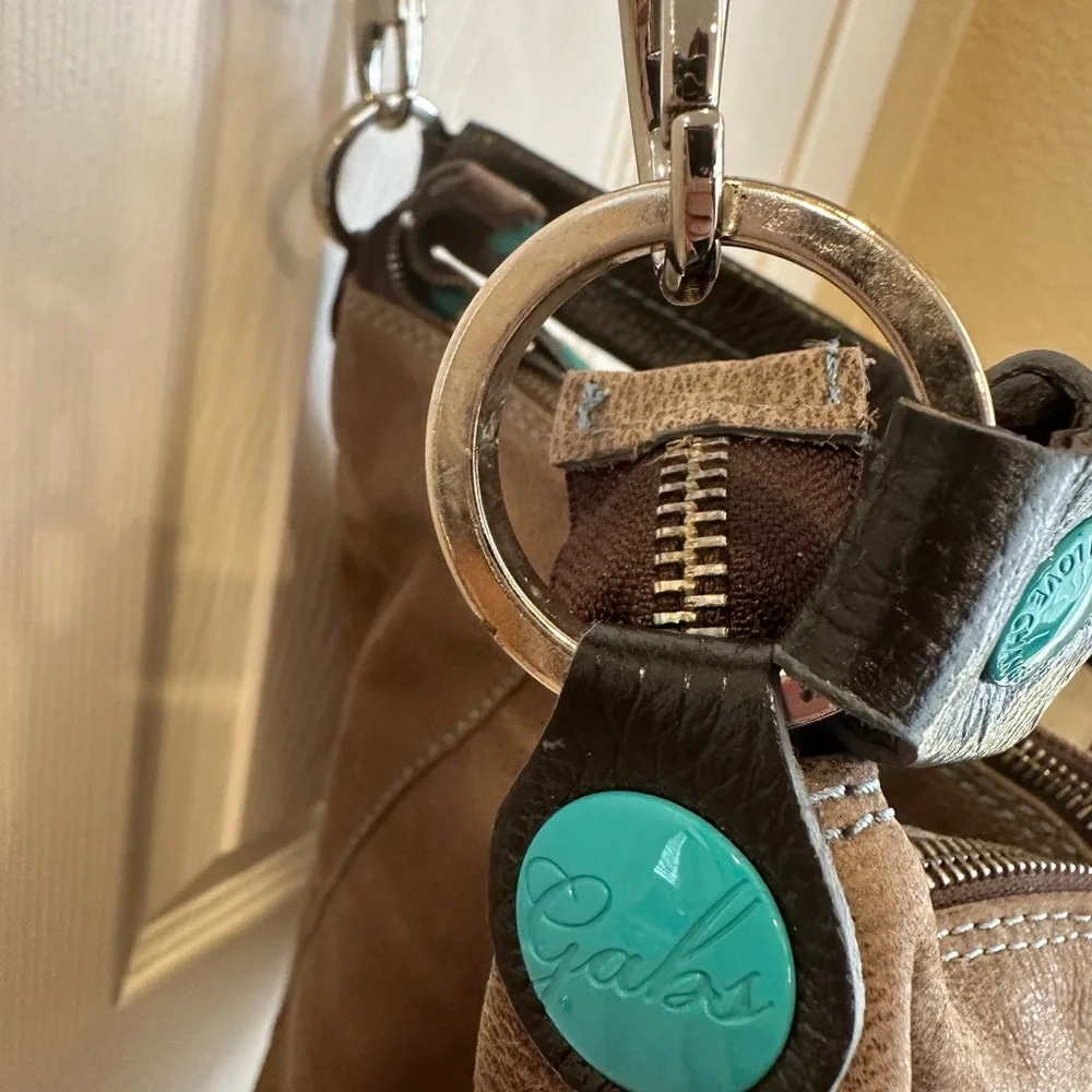 GABS Hobo Bag Crossbody EXPANDABLE Brown Distressed Leather Aqua Accents Italy - Picture 5 of 16